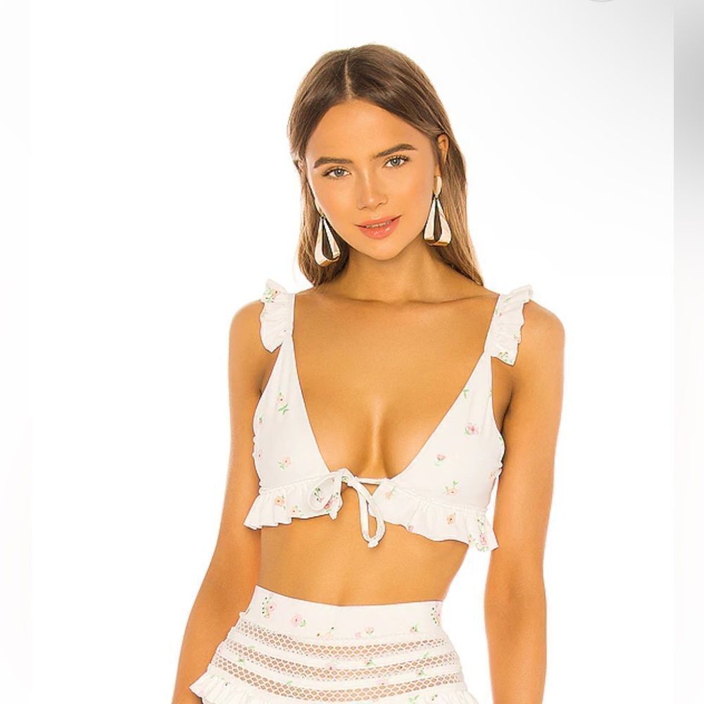 Tularosa Dreamer Bikini Top tea party floral ruffle swimsuit Revolve NWT M